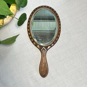 Vintage Hand Carved & Wood Burned Wooden Hand Mirror with Painted Iris Flower
